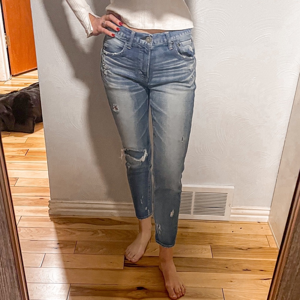 Moussy Vintage Howa Skinny Jeans Distressed Knee Patch Mid-Rise Cropped Light 26